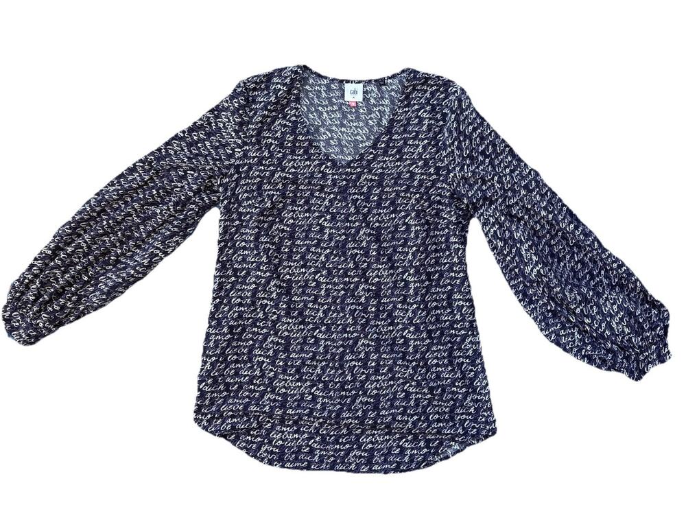 Cabi Shirt Womens S Navy White Purple Script Print Long Sleeve Top I Love You